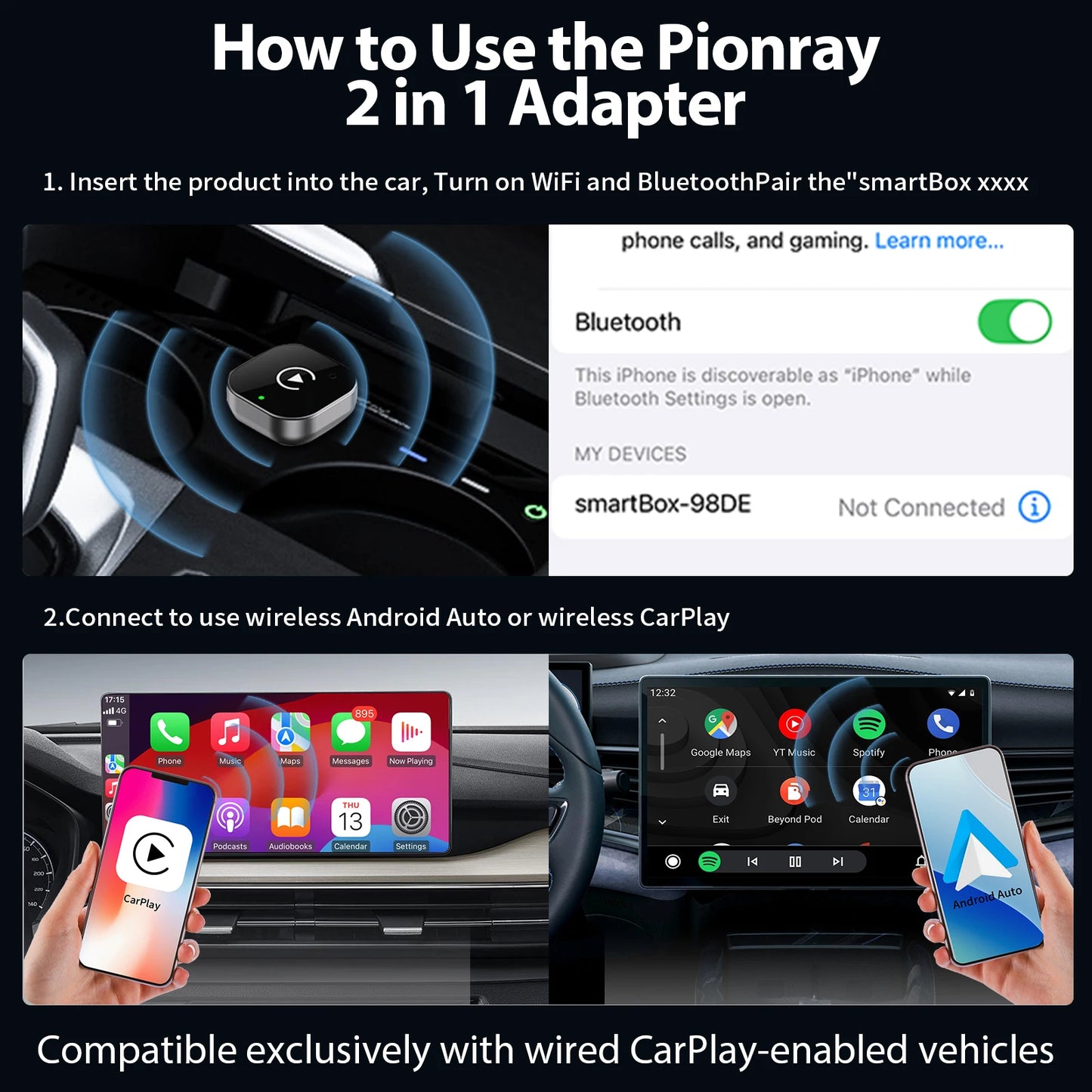 Pionray 2 in 1 Wireless CarPlay & Android Auto Wireless Adapter