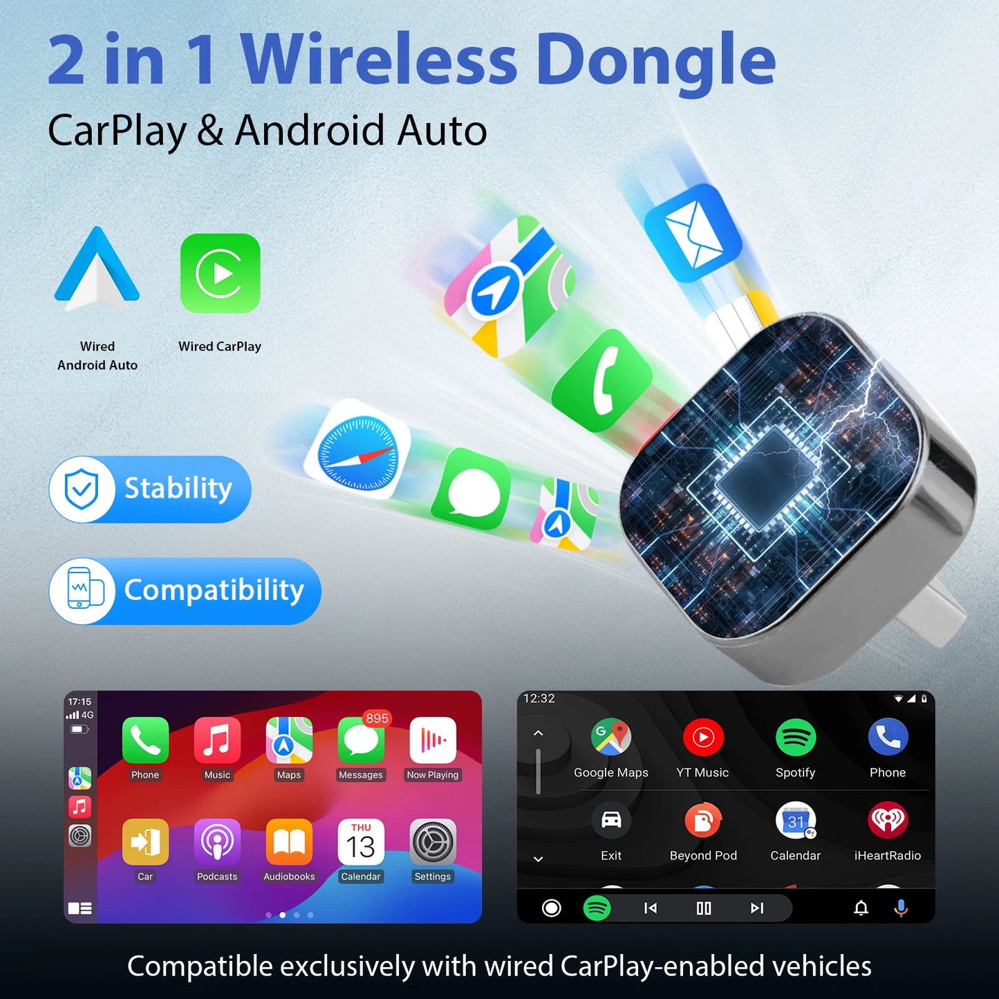 Pionray 2 in 1 Wireless CarPlay & Android Auto Wireless Adapter