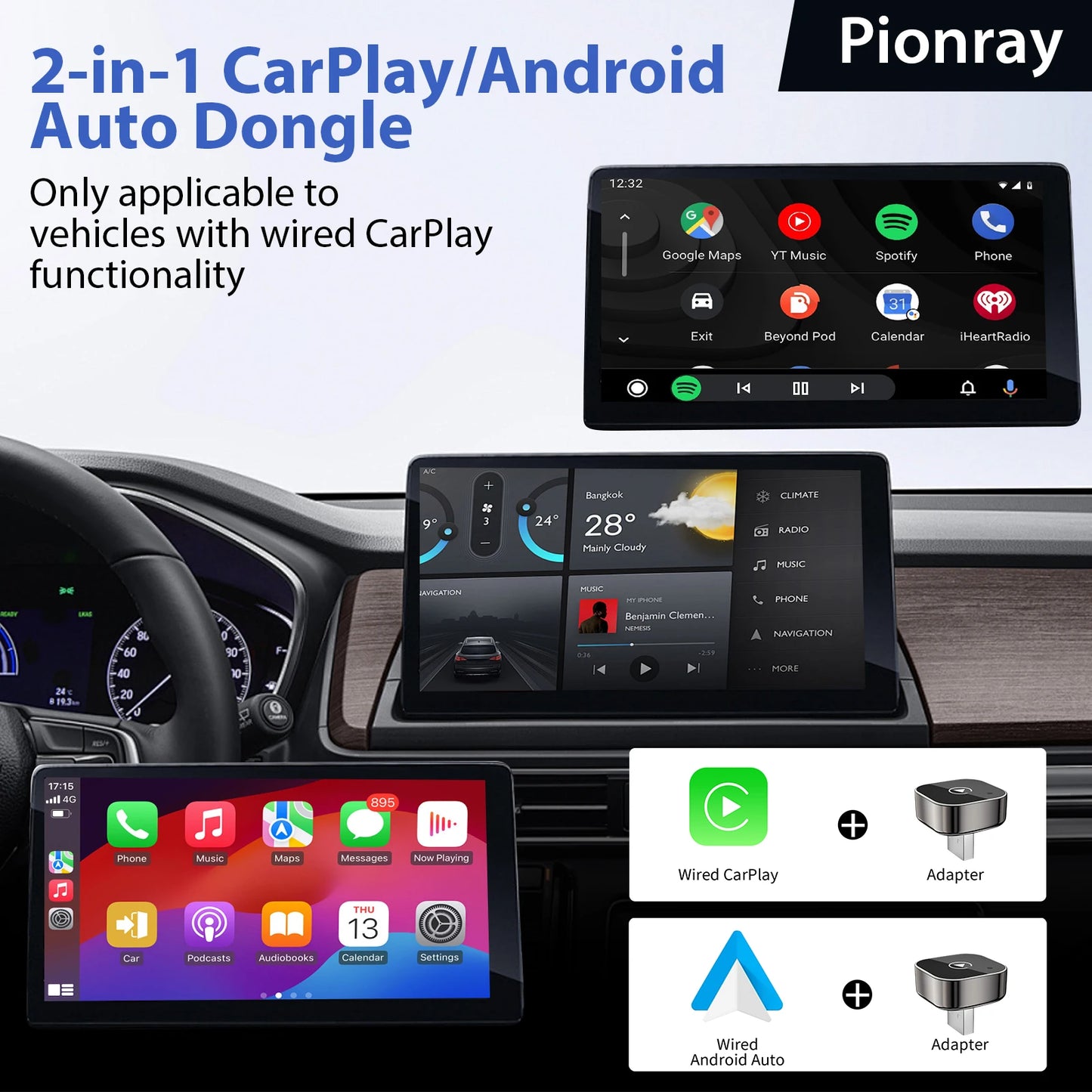 Pionray 2 in 1 Wireless CarPlay & Android Auto Wireless Adapter